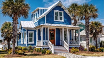 Fototapeta premium Charming Blue Coastal House Surrounded by Lush Palm Trees and Vibrant Flowers in a Sunny Neighborhood Perfect for Summer Getaways and Relaxation