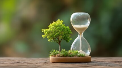 Hourglass with Flowing Sand Next to Miniature Tree on Wooden Surface Against Bokeh Background