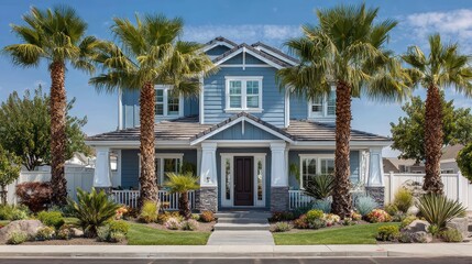 Fototapeta premium Charming Blue House Surrounded by Lush Palm Trees and Colorful Plants on a Bright Sunny Day with Clear Sky and Inviting Front Porch