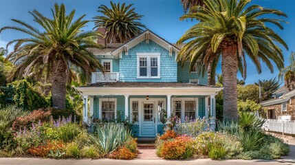 Charming Coastal Home Surrounded by Lush Tropical Plants and Palm Trees, Featuring Blue Shingles, Vibrant Flowers, and a Welcoming Porch on a Sunny Day