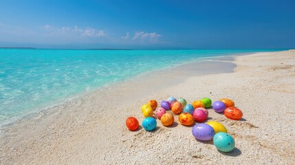 Colorful Easter Eggs on a Picturesque Beach Shore with Turquoise Waters and White Sand Under a Bright Blue Sky Perfect for Holiday Celebrations and Spring Festivities
