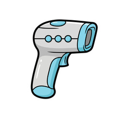 Cartoon style non-contact thermometer for checking body temperature, illustrated with a blue and grey design