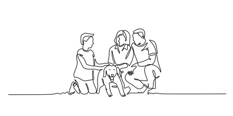 Continuous Line Drawing Happy Family with Pet Dog.