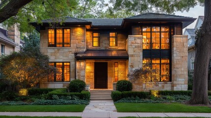 Fototapeta premium Elegant modern house exterior with warm lighting, lush greenery, and stone architectural details, showcasing a stunning blend of contemporary design and classic elements at dusk