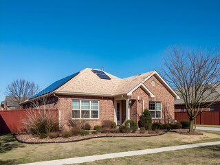 Fototapeta premium Modern single story home with solar panels on the roof and desert landscaping in a sunny suburban neighborhood with a clear blue sky