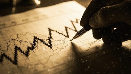 Hand holding a pen drawing a zigzag line on paper, representing data or a graph.