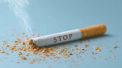 Smoking Cigarette with STOP Message on Blue Background AntiSmoking Concept