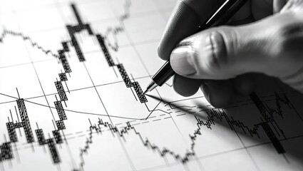 Hand with a Pen Analyzing Financial Stock Market Data Chart.