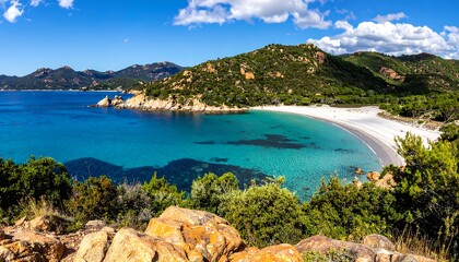 Scenic panoramic view of a pristine sandy beach with turquoise water