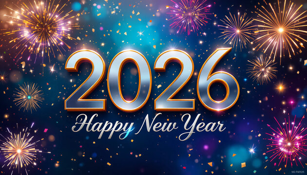 A vibrant Happy New Year 2026 celebration background featuring bold golden “2026” typography surrounded by sparkling fireworks, glowing confetti, and colorful light effects. The design captures a joyf