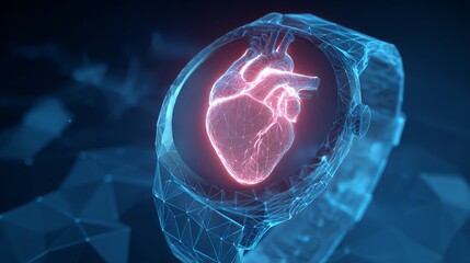 A stylized image of a smart watch displays a glowing, neon heart hologram. The low-poly design and blue geometric backdrop emphasize a healthcare and medical monitoring theme