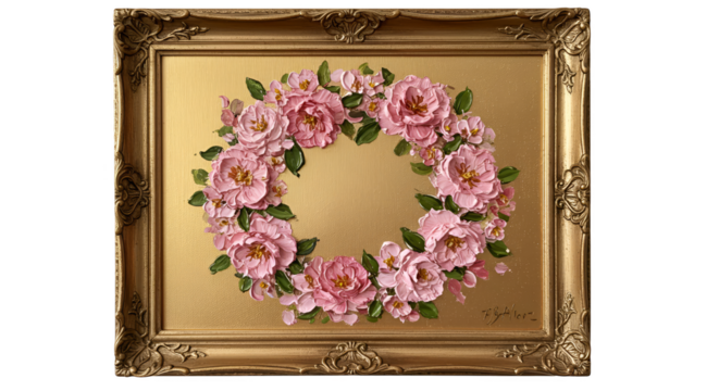 Illustration of Pink Peony Wreath On Gold Textured Background