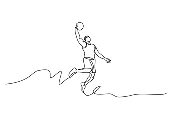 One Line Drawing of a Basketball Player Slam Dunking © berkahlineart