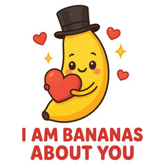 Cute Banana Holding Heart Illustration, I Am Bananas About You Kawaii Design, Funny Fruit Pun Valentine Cartoon Art T-shirt Design