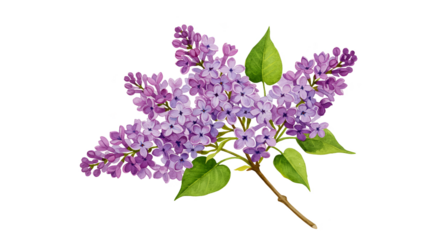 Illustration of purple lilac flowers with green leaves isolated on black background