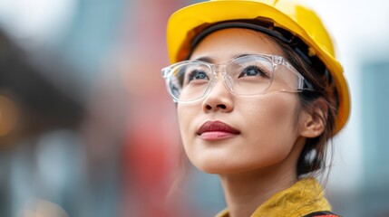 A determined female builder, adorned in a yellow hard hat and safety glasses, gazes towards the sky, embodying aspiration and dedication in the construction industry.