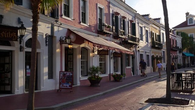 Street view video captures a sunlit, historic town with palm trees and charming architecture, shot from a low angle to highlight the building facades.