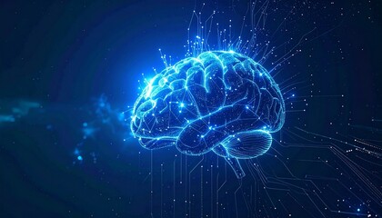 A glowing blue brain illustration, pulsing with light, sits on a dark background with digital connections radiating outwards.