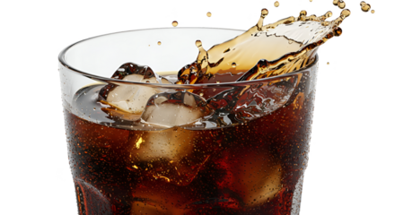 Isolated cola drink splash in glass with ice cubes refreshing beverage