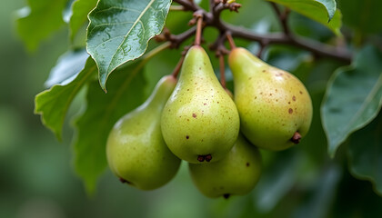 Close-up of ripe green pears hanging from a tree branch with leaves.