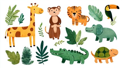 Adorable jungle animal cartoon collection. Includes a giraffe, monkey, tiger, crocodile, toucan, turtle, and lush tropical leaves in a flat vector style