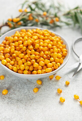 Sea buckthorn berries in bowl ready for harvest