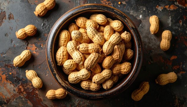 Bowl of unshelled peanuts on a textured dark surface with scattered peanuts around overhead shot soft natural light
