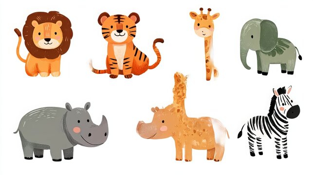 Adorable vector illustrations of safari and jungle animals in a simple, childlike style. Features a cute lion, tiger, elephant, giraffe, hippo, and zebra, all isolated on a white background.
 