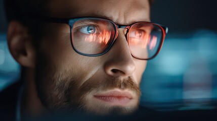 A close-up shot of an attentive person with glasses, reflecting the soft glow of a screen, highlighting the intensity of focus.