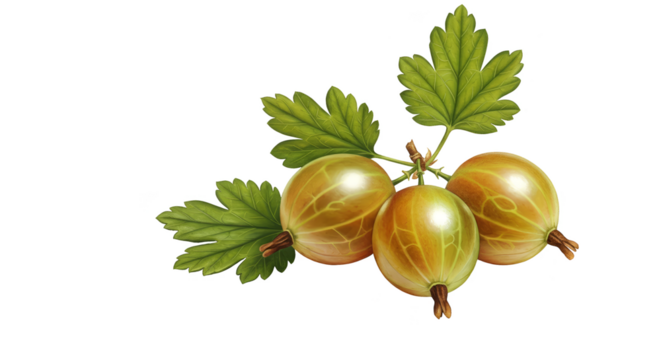 Illustration of three golden gooseberries with green leaves on transparent background