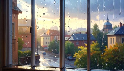 Rainy window view with raindrops on glass, overlooking buildings with red and brown facades, church steeple, green trees, and dramatic sunset sky with clouds, blending moody weather and warm light.