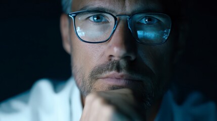 A close-up portrait of a thoughtful man, his gaze intense, reflecting light within his eyeglasses, capturing a sense of deep thought.