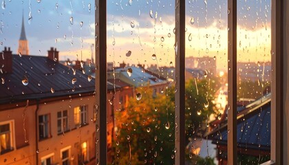Rainy window view with raindrops on glass, overlooking buildings with red and brown facades, church steeple, green trees, and dramatic sunset sky with clouds, blending moody weather and warm light.