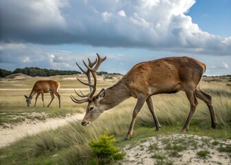 Fototapeta premium In a tranquil nature scene, two spotted deer with impressive antlers calmly feed in a grassy meadow under a blue sky.