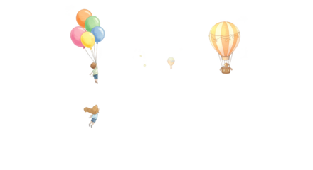 Illustration of two bears floating with balloons and hot air balloon