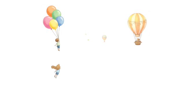 Illustration of two bears floating with balloons and hot air balloon
