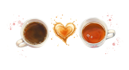 Illustration of two cups coffee tea heart shape splash isolated