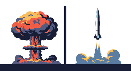 An illustration depicting a mushroom cloud explosion and a rocket launch side by side.