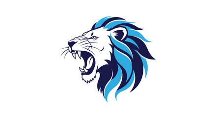 Fototapeta premium A fierce roaring lion with a blue and white mane on a white background.