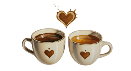 Illustration of two coffee cups with hearts and transparent background