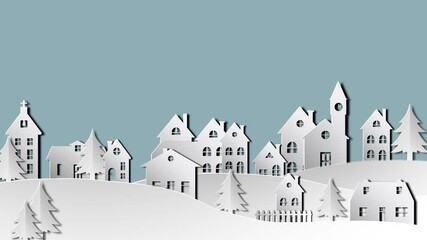 White paper art animation of a winter town with snowy houses, pine trees, and Santa Claus flying across the moonlit sky with reindeer. Perfect for Christmas, holiday, and festive themes. - Powered by Adobe