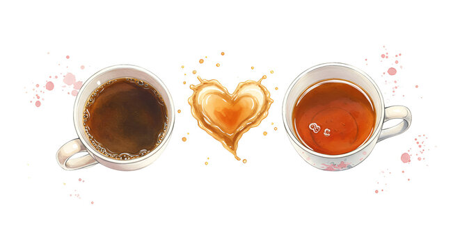 Illustration of two cups coffee tea heart shape splash isolated