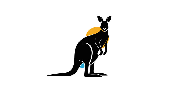 A black kangaroo stands with a yellow circle behind it and a blue pouch containing a baby.