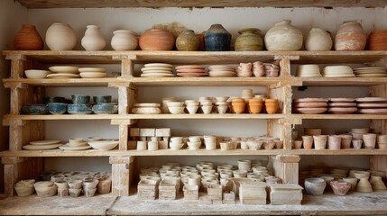 Wooden shelves filled with various ceramic pottery.