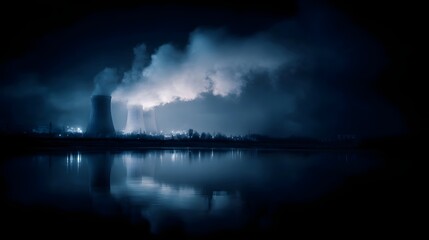 Expansive night view of an industrial power plant with massive plumes of steam rising from cooling towers and reflecting in dark water