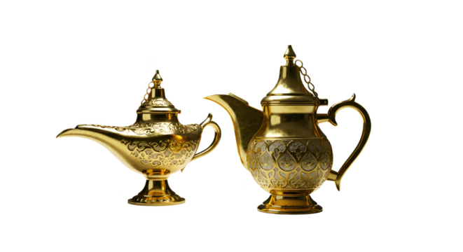 Illustration of two gold Arabian teapots isolated on black background