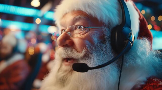Santa smiles while speaking online. Closeup of Claus with beard. Holiday lights and red costume. Christmas office call. Beard, Claus, call, Christmas, computer, headset, holiday, office, Santa