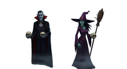 Illustration Of Vampire And Witch With Skulls Transparent Background