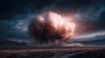A massive explosive cloud erupts over a desolate desert landscape under dramatic dark skies bathed in intense fiery light