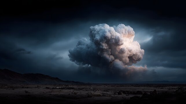 A dramatic mushroom cloud explosion illuminates a dark stormy desert landscape